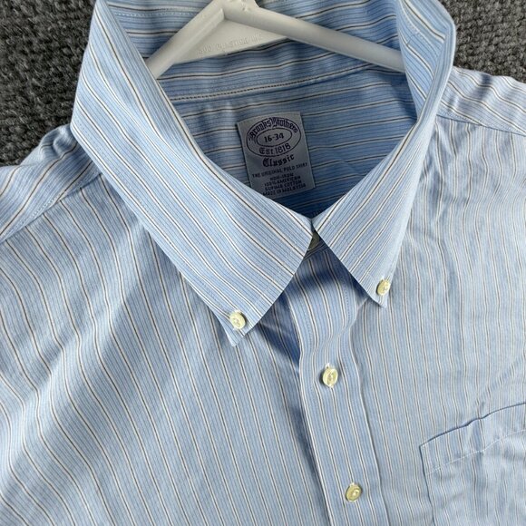Brooks Brothers 16 34 Non-Iron Cotton Blue Classic Button-Down Striped Men Shirt - Picture 7 of 16